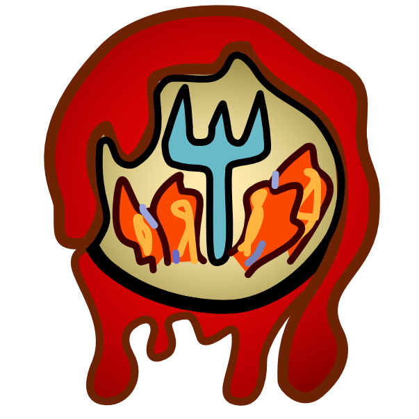 a circle with a black outline, covered in blood. It has a gradient interior, (radial gradient, off white to greenish yellow). Inside the circle is a blue pitchfork surrounded at its base by flames.